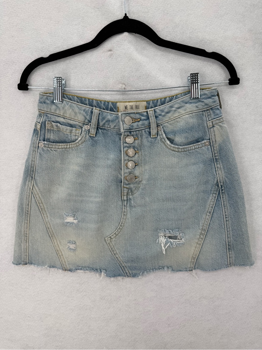 We the Free Blue Denim Button Fly A-Line Skirt with Distressed Frayed Hem 25